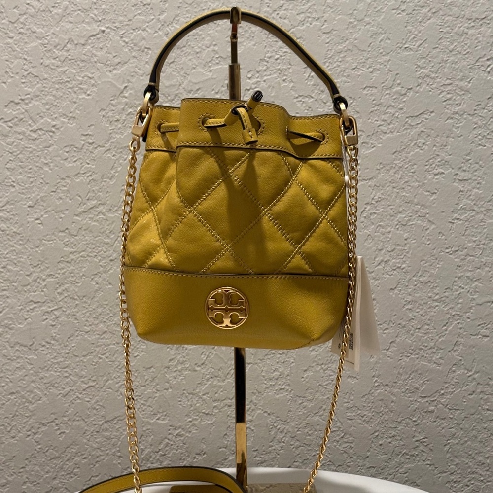 Tory Burch Yellow Quilted Drawstring Crossbody Bucket Bag - Picture 4 of 9